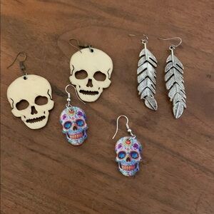Skull and Feather Earrings Set bundle 3 pair